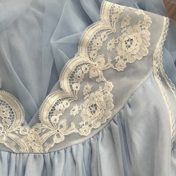 Vintage Chiffon Two Piece Matching Set Robe Slip Lace Maxi Chemise Dress 50s 60s - Picture 6 of 7